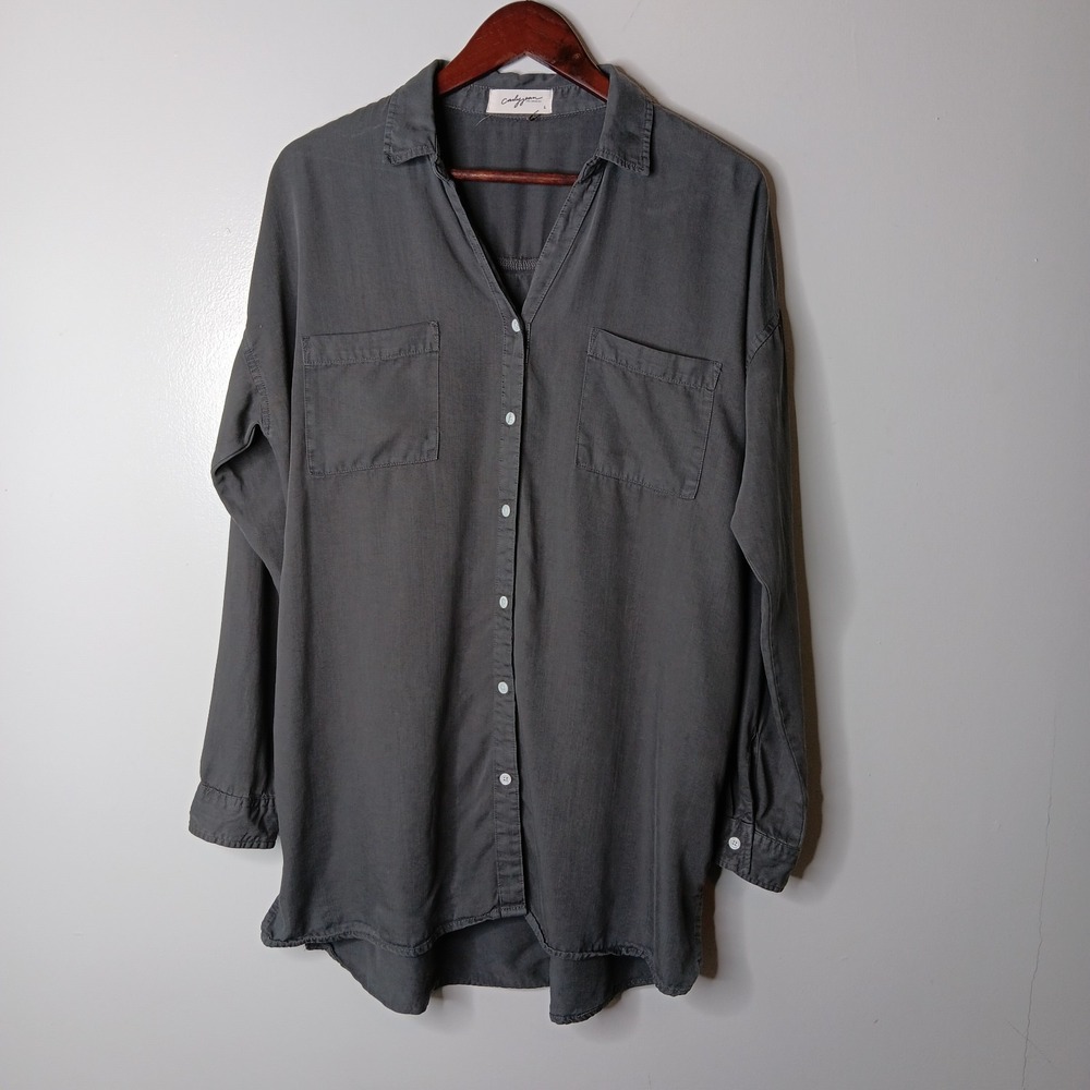 Carly Jeans Button-Up Shirt Womens Size L Charcoal Oversized Pockets Long Sleeve
